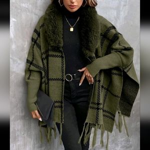 Comfy Faux Vegan Fur Plaid Fringe Cuff Sleeve Shawl Sweater Cardigan
